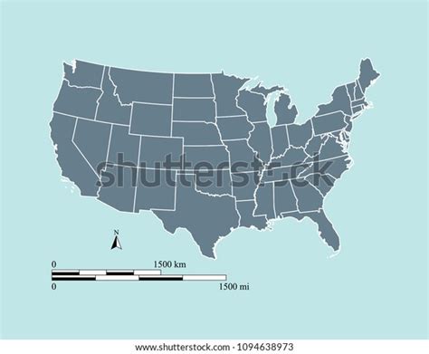 Usa Map Vector Outline With Miles And Kilometers Scales In Blue