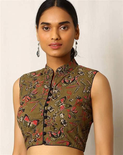 Buy Olive Green Indie Picks Kalamkari Print Sleeveless Cotton Blouse Kalamkari Blouse Designs