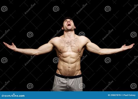 Topless Man Shouting With His Arms Outstretched Stock Photo Image Of