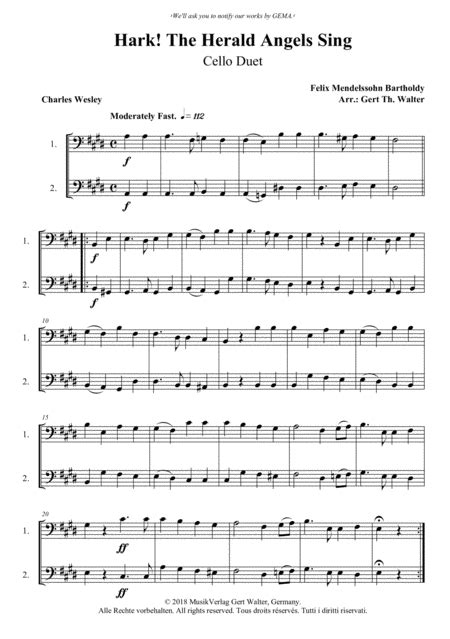 Hark The Herald Angels Sing Sheet Music Felix Mendelssohn Bartholdy Cello Duet