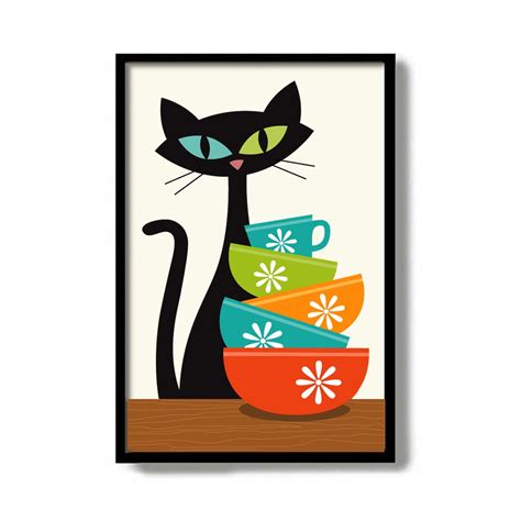 Mid Century Modern Wall Art Black Cat Print Cat Lover T Etsy