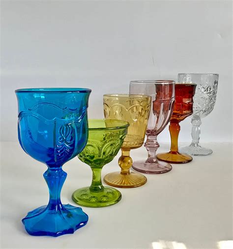 Vintage Mismatched Goblets Set Of 6 Colored Glasses Ornate Etsy Vintage Goblets Goblet