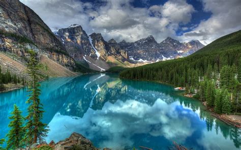 Lake Forest Moraine Lake Trees Mountains Nature Hd Wallpaper