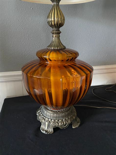 Extra Large Vintage Amber Glass Table Lamps Pair Matching Swag