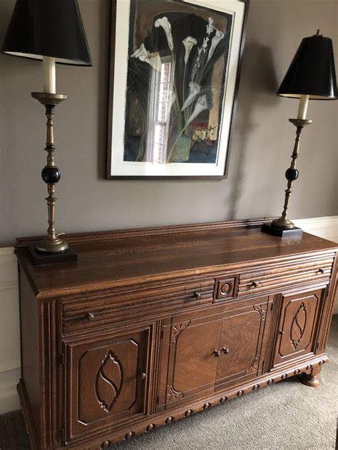I wonder how they fit that big of a table into the cabinet maybe it goes into the wall? Antique dining set includes table with pull out leaves, 6 ...