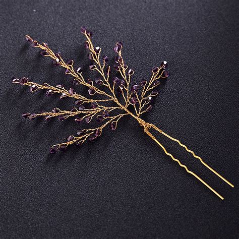 Handmade Elegant Purple Crystal Party Wedding Hair Pin Leaf Vine
