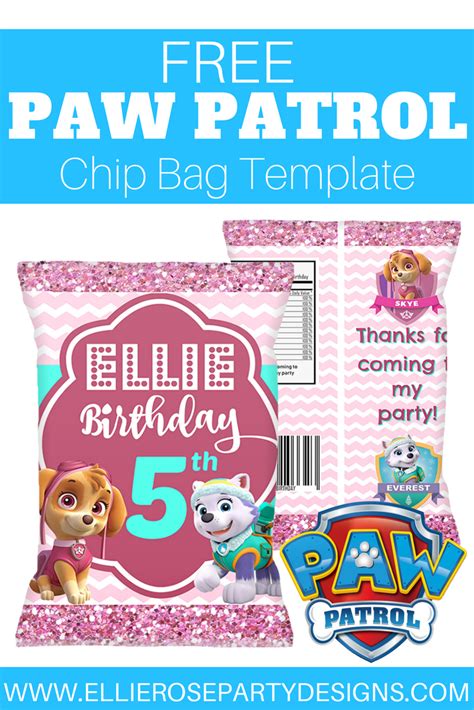 Includes blank chip bag template for you to customize. SKYE EVEREST PAW PATROL CHIP BAG TEMPLATE PRINTABLE | ellierosepartydesigns.com