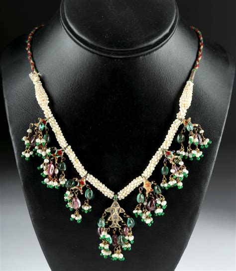 19th C Indian 12k Gold Pearl And Gemstone Necklace