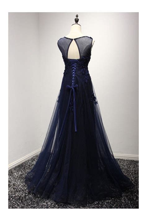 Vintage Dark Navy Blue Prom Dress Long With Lace Beading Top 149