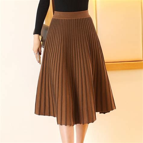 le celebre pleated knitting skirt black brown grey 2018 boho women skirt knee length ladies