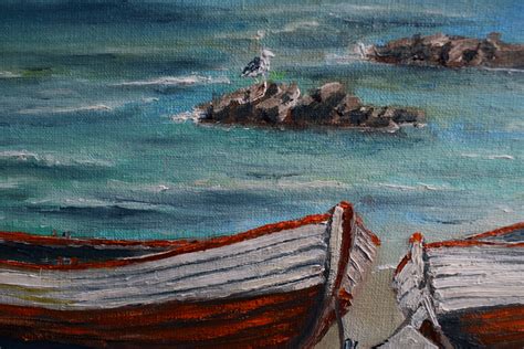 Boats On The Shore Of The Ocean Original Oil Painting Etsy