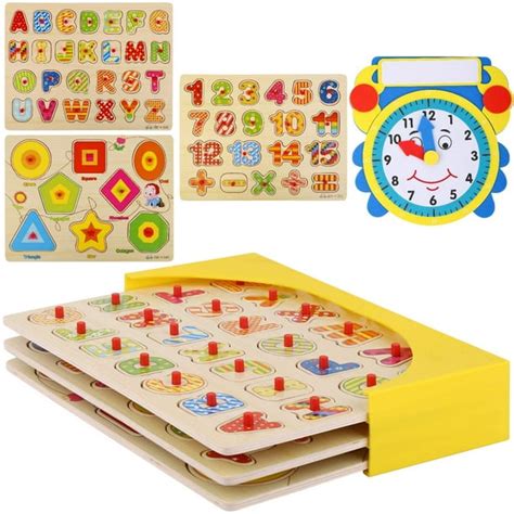 Wooden Peg Puzzles For Toddlers Pack Of 3 With Foam Learning Clock