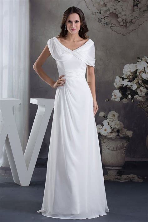 Modest A Line V Neck Cap Sleeve Ruched White Chiffon Wedding Dress