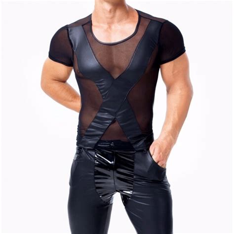 Mens Wetlook Tops Punk Fashion Clothing Faux Leather Mesh Male T Shirt