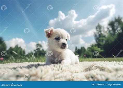 A Small White Dog Sitting On Top Of A Lush Green Field Stock