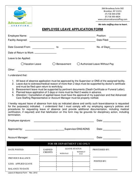 Employee Leave Application Form Templates At