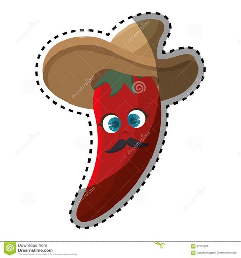 Sticker Cartoon Red Hot Chili Pepper With Mexican Hat Stock Vector