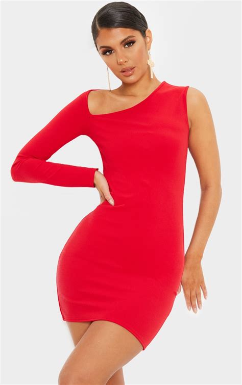 Red One Shoulder Asymmetric Cut Out Bodycon Dress Prettylittlething Ie