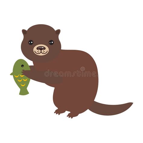 Funny Brown Otter Caught A Fish On White Background Kawaii Vector