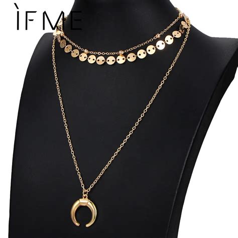 If Me Vintage Moon Pendant Necklace Party Jewelry Round Long Multilayer