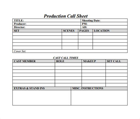 Film Production Call Sheet Template Sharedoc