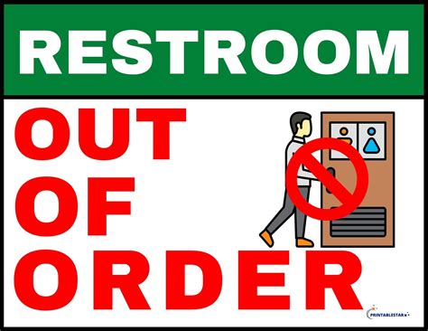 A Sign With The Words Restroom Out Of Order And A Man Walking In Front
