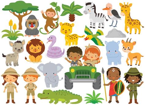 Safari Clipart Bundle â€ Cute Animals And Kids Stock Vector