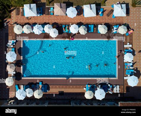Aerial View On People In Swimming Pool Top View Of People Sunbathing