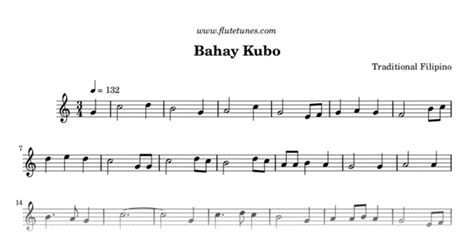 Sheet music for bahay kubo (nipa hut) by traditional filipino, arranged for flute solo. Bahay Kubo (Trad. Filipino) - Free Flute Sheet Music | flutetunes.com