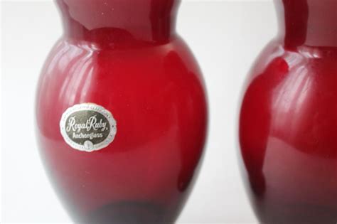 Vintage Royal Ruby Red Glass Vases Pair W Original Anchor Hocking Label