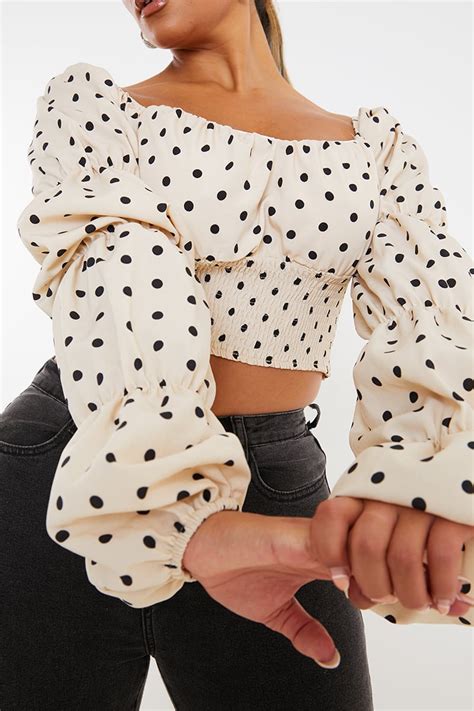 Shaughna Phillips Nude Polka Dot Puffball Tiered Sleeve Top In The Style