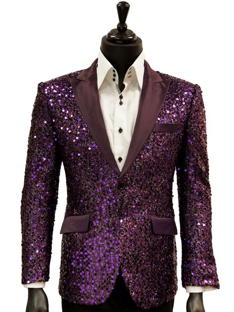 Angelino Mens Purple Sequin Bling Satin Lapel Fun Trendy Casual Formal