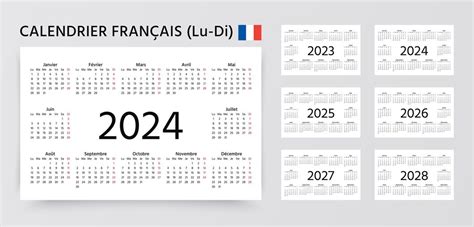 Calendário Francês 2023 2024 2025 2026 2027 2028 Anos A Semana Começa