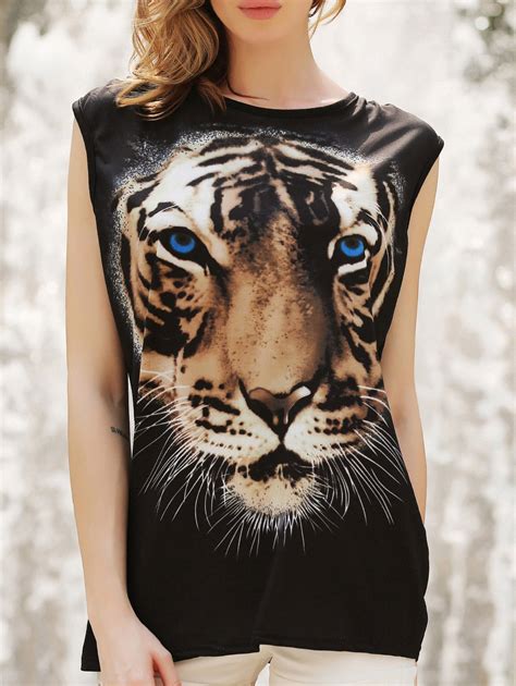 Black One Size Stylish Tiger Print Sleeveless Women S T Shirt Rosegal Com