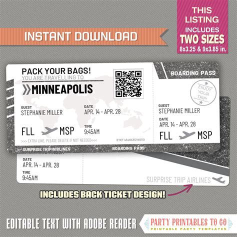 Editable Airplane Boarding Pass Glitter Silver Surprise Trip Etsy