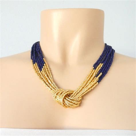 Navy Dark Blue Vintage Bead Necklace Etsy