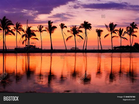 Paradise Beach Sunset Landscape With Tropical Palm Trees Silhouettes Summer Travel Vacation