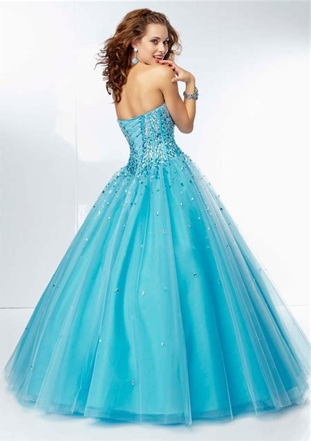 Ball Gown Sweetheart Corset Back Long Blue Tulle Beaded Prom Dress