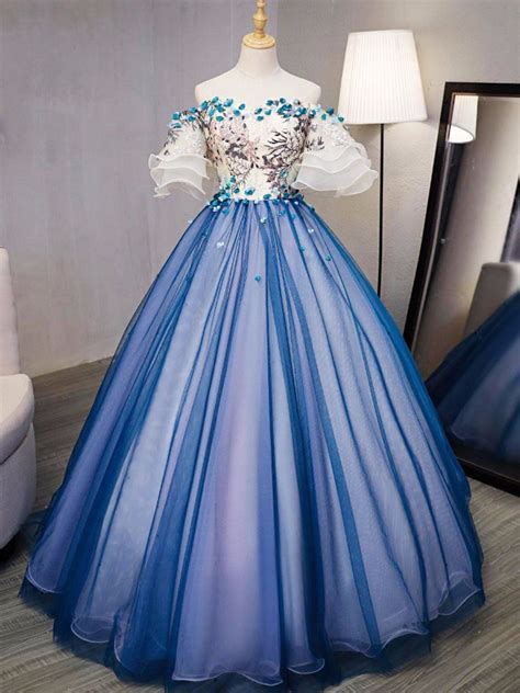 Ball Gown Prom Dresses Royal Blue And Ivory Hand Made Flower Prom Dress