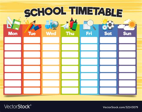 School Timetable Template A Weekly Curriculum Vector Image