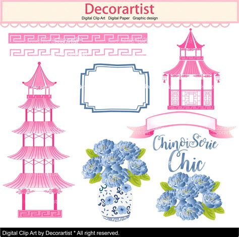 On Sale Chinoiserie Clip Art Graphic Chinoiserie Pink Blue Etsy