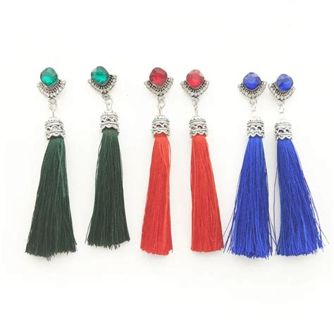 ethnic bohemian crystal vintage silver yarn long tassel earrings for women silk thread earring