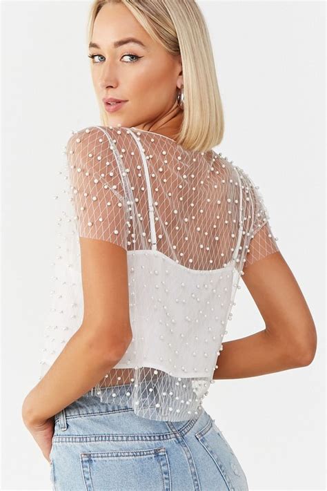 Forever21 Faux Pearl Sheer Mesh Combo Top A Combo Crop Top Featuring A Sheer Mesh Overlay