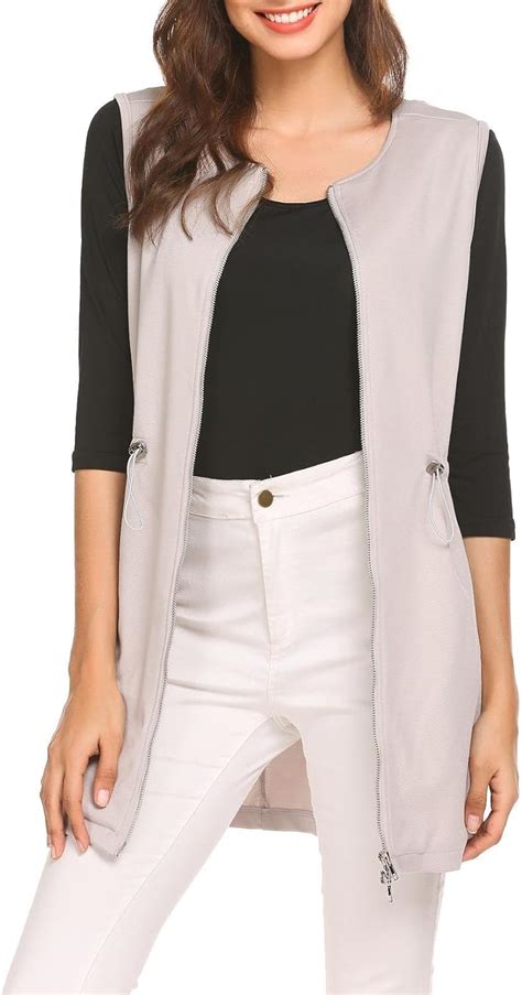 Pinspark Womens Long Sleeveless Zipper Vest Jacket Collarless Cardigan Blazer Grey At Amazon