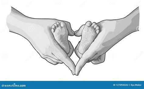 Mother Hands Holding Newborn Baby Foots Vector Illustration