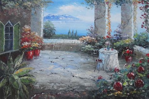 Stunning Colorful Flower Patio Garden Overlooking The Mediterranean Sea Oil Painting Naturalism