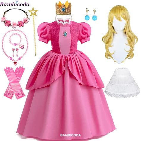 الخوخ الأميرة تأثيري فستان فتاة لعبة دور اللعب زي حفلة عيد ميلاد مرحلة الأداء ملابس الاطفال