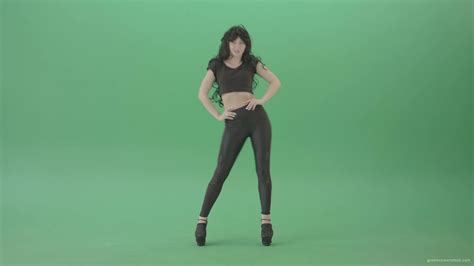 Black Hair Girl On Green Screen Waving Hips Posing Sexy 4k Video Footage Green Screen Stock