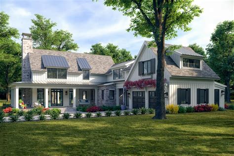 L Shaped Modern Farmhouse With Vaulted Great Room And Master Suite
