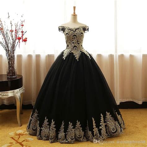 Black And Gold Ball Gown Evening Prom Dresses Off The Shoulder Lace